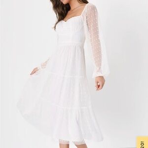 Lulu's Elegant White Polka Dot Long Sleeve Dress